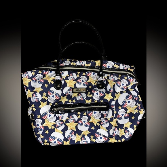 Betsey Johnson Large Satchel Bag Zip Skulls W/ American Sunglasses 25"X16" Blue - Picture 1 of 5